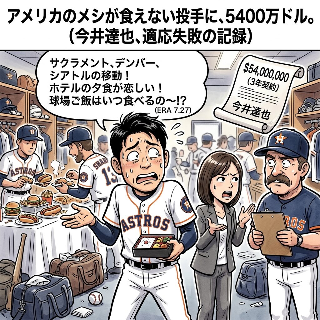 アメリカのメシが食えない投手に、5400万ドルを払った話。
今井達也、適応失敗の記録

ヒューストン・アストロズが今オフ、NPBから鳴り物入りで獲得した今井達也が、わずか3先発でIL（故障者リスト）に入った。右腕の疲労が理由とされているが、通訳の榎本塩が明かしたひと言が全てを要約している。「野球においても、野球以外においても、アメリカの生活に適応できていない」。

3試合でのERAは7.27。最後の登板ではシアトルのマウンドが「硬すぎる」と訴え、18度の気温に「日本では経験しない寒さ」と戸惑いを見せた。検査の数値自体に異常はないとチームは説明するが、いつ投球練習を再開できるかは未定だ。

問題は肉体だけじゃない。今井本人が挙げたのは「遠征中の移動の多さ」と「食事のタイミング」。日本では試合後にホテルで夕食をとるのが当たり前だったが、MLBでは球場で食べるのが文化。その違いがこたえているという。サクラメント、デンバー、シアトルを10試合で回る強行日程の中で、胃袋が悲鳴を上げた、ということらしい。
