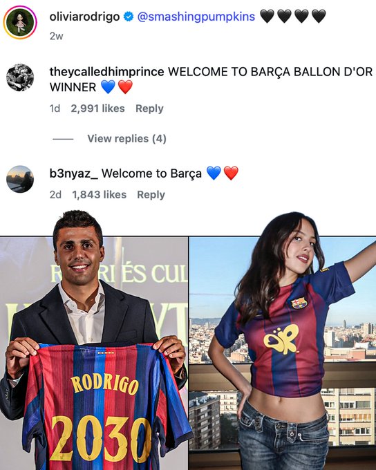 Rodri doesn't have social media so Barcelona fans went to Olivia RODRIgo's Instagram to welcome him to the club 

(via 
@oliviarodrigo
)